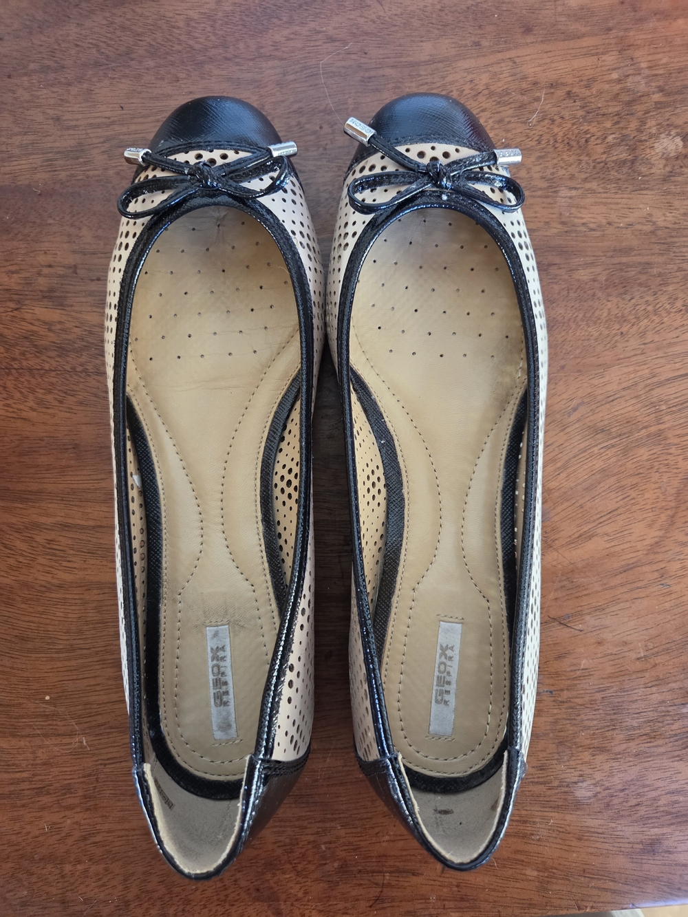 Geox Beige and Black Perforated Ballet Flats with Bow Accent